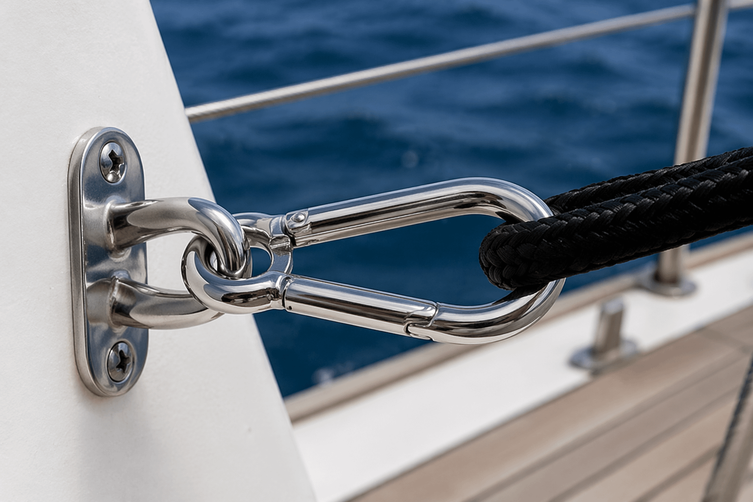 Karabińczyk żeglarski ze stali nierdzewnej przypięty do ucha pokładowego jachtu z liną