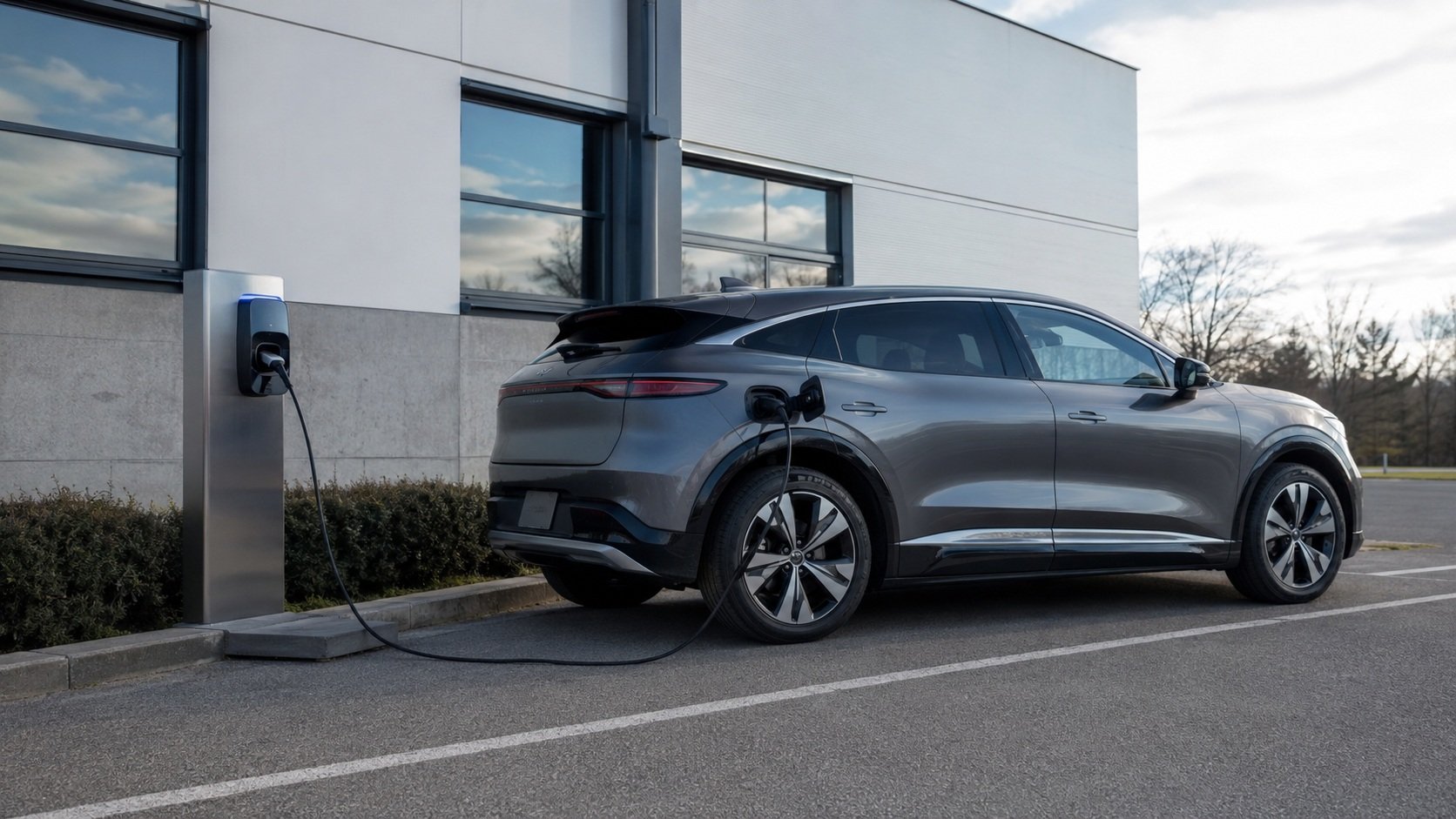 Samochód elektryczny ładowany na parkingu przy budynku firmowym