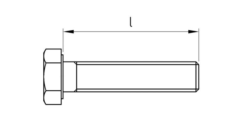 Rysunek – prawidłowy pomiar długości gwintu śruby z łbem sześciokątnym – inoxa.pl