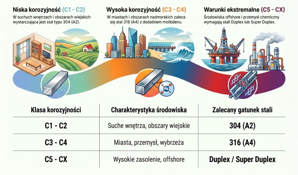 Infografika przedstawiająca klasy korozyjności C1-CX oraz dob&oacute;r stali nierdzewnej 304, 316 i duplex w zależności od środowiska