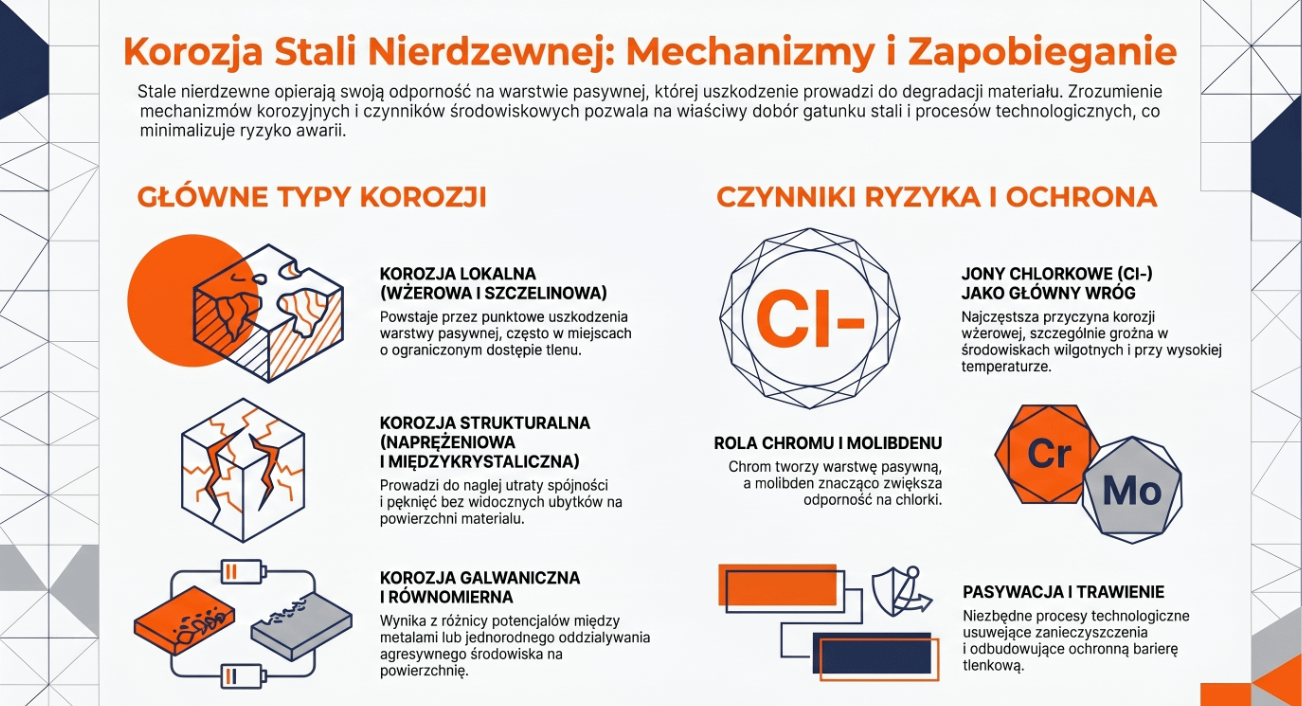 Infografika o typach korozji stali nierdzewnej, przyczynach ich powstawania i sposobach ochrony.