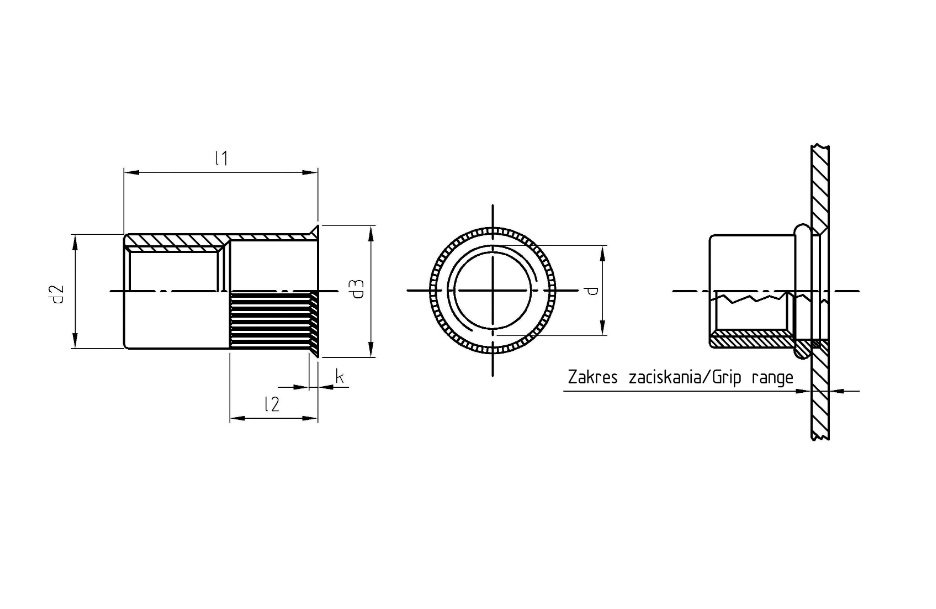 Schemat dla nitonakrętki cylindrycznej z kołnierzem stożkowym zredukowanym - inoxa.pl