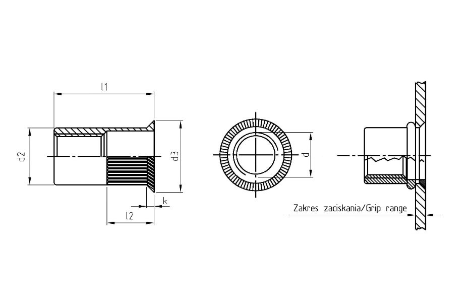 Schemat dla nitonakrętki przelotowej cylindrycznej z kołnierzem stożkowym - inoxa.pl