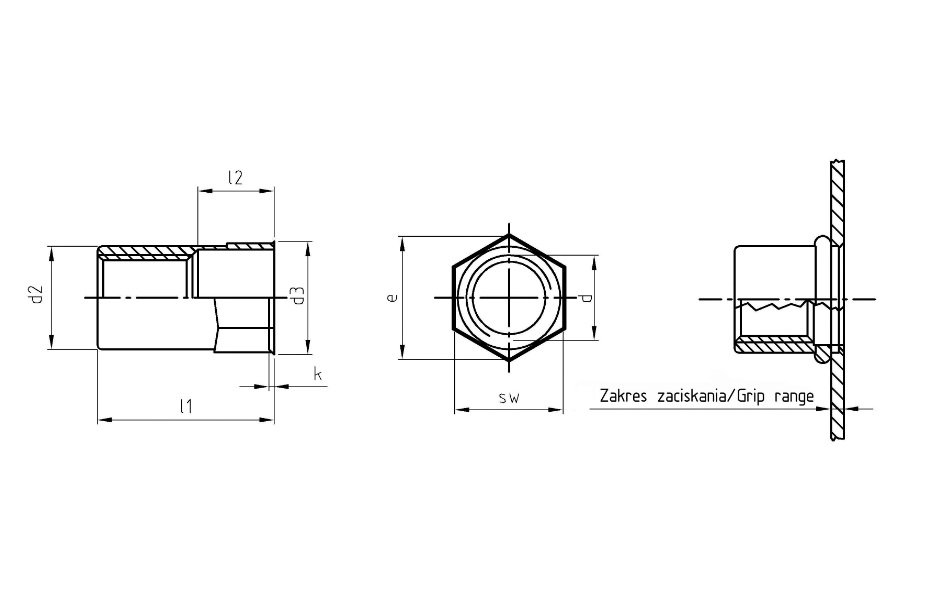 Schemat dla nitonakrętki przelotowej sześciokątnej z kołnierzem stożkowym zredukowanym - inoxa.pl