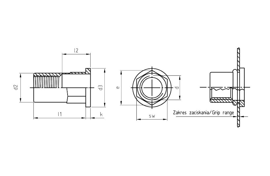 Schemat dla nitonakrętki przelotowej sześciokątnej z kołnierzem walcowym - inoxa.pl