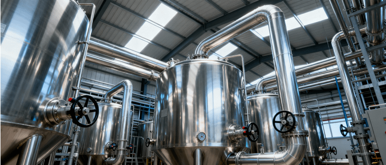Przemysłowe zbiorniki i rurociągi ze stali nierdzewnej w instalacji technologicznej